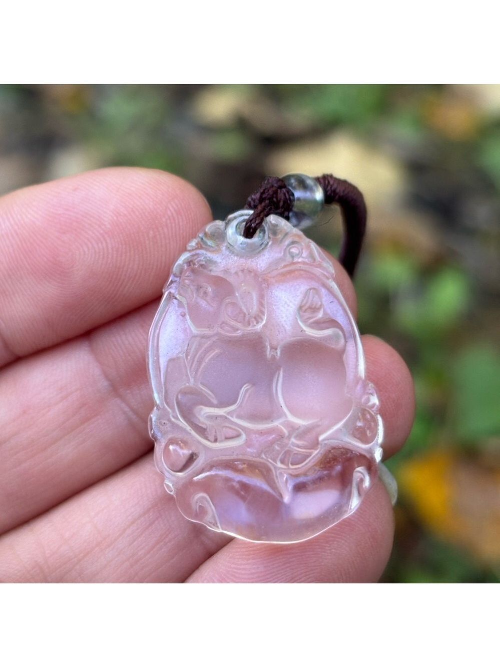 Vintage Chinese Asian Clear Jade Astrology OX Bull Pendant Necklace Adjustable